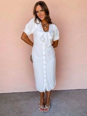 Miou Muse Button Front Woven Fabric Puff Short Sleeve Midi White Summer Dress